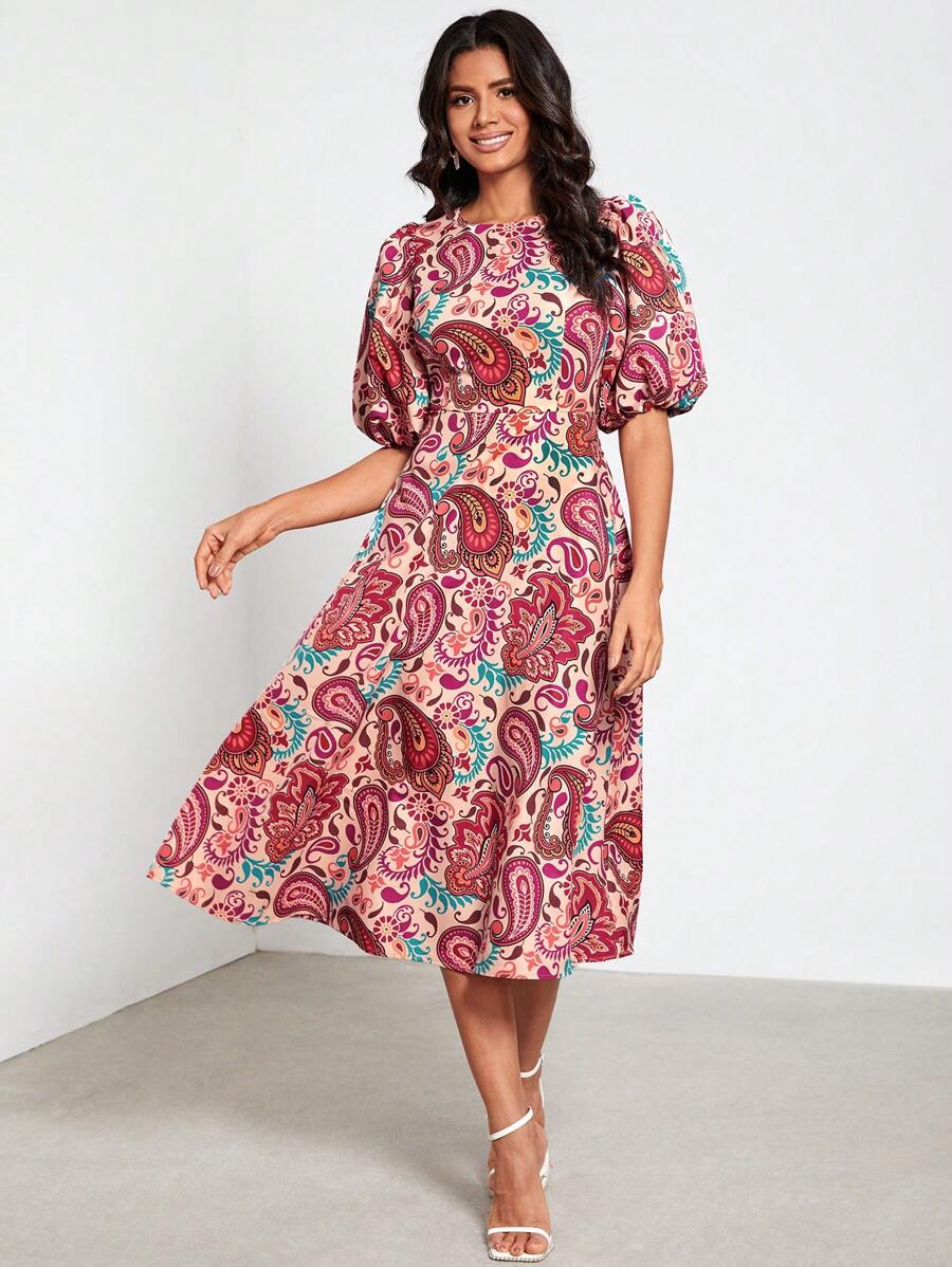 ATELIER H Paisley Print Puff Sleeve Dress - Multicolor - View 1