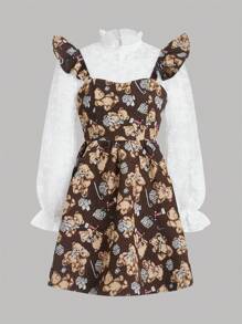 SHEIN 青少年女孩小熊印花荷葉邊背帶裙&印花網紗上衣 - 彩色 - 查看 1