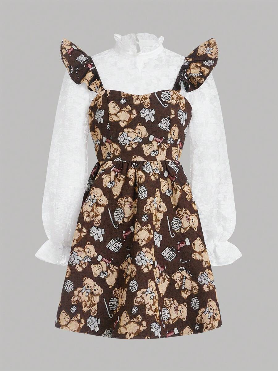 SHEIN 青少年女孩小熊印花荷葉邊背帶裙&印花網紗上衣 - 彩色 - 查看 1