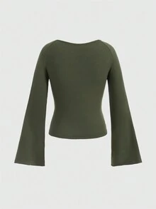 ROMWE Fairycore Frog & Skull Print Grommet Eyelet Tee - Army Green - View 2