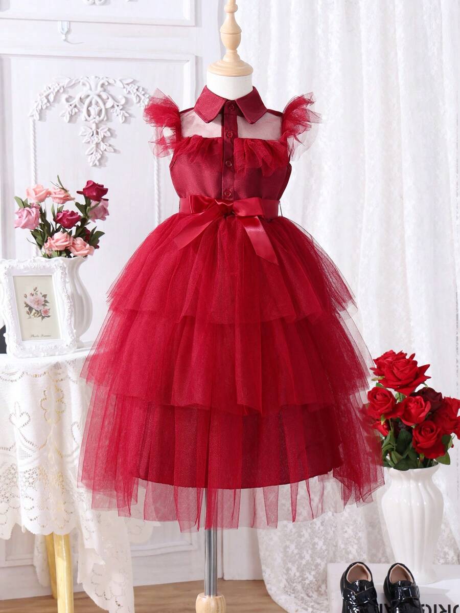 SHEIN Young Girl Ruffle Trim Mesh Overlay Belted Dress - Burgundy - View 1