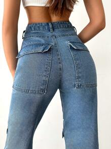 SHEIN Cottnline High Waist Flap Pocket Straight Leg Jeans - Medium Wash - View 7