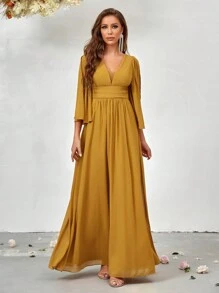 SHEIN Belle 深V領開叉袖伴娘禮服 - 黃色 - 查看 5