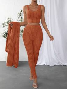 SHEIN Essnce Solid Crop Tank Top & Pants & Open Front Coat - Burnt Orange - View 4