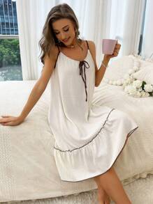 Vestido de tirantes con cordón delantero bajo con fruncido - Beis - Ver 5