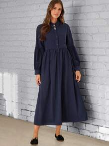 EMERY ROSE 素色前紐扣娃娃裙 - 藍色 - 查看 3