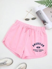 SHEIN EZwear 字母圖案腰部抽繩運動短褲 - 淺粉色 - 查看 1