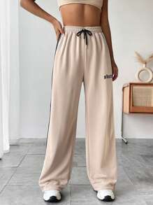 SHEIN Unity Đường may bên cạnh tương phản Eo dây rút quần ống rộng Quần thể thao - Màu Khaki - Xem 4
