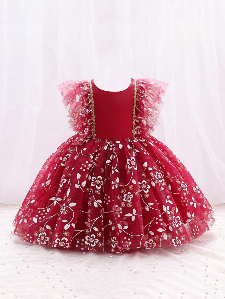 Young Girl Floral Embroidery Mesh Overlay Ruffle Trim Gown Dress