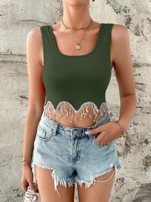 SHEIN Essnce Rhinestone Fringe Hem Crop Tank Top - Army Green - View 3