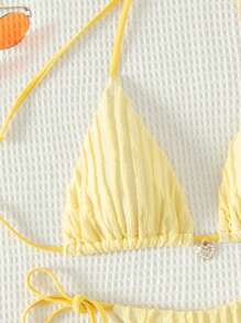 Swim Mod Summer Beach Halter Triangle Tie Side Bikini Set - Yellow - View 3