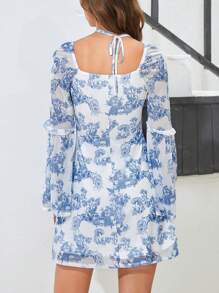 SHEIN VCAY 山水圖案荷葉袖洋裝