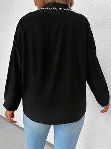 SHEIN Clasi Plus Pearls Beaded Drop Shoulder Shirt - Black - View 2