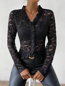 Chiquease Ruffle Trim Lace Top - Black - View 5