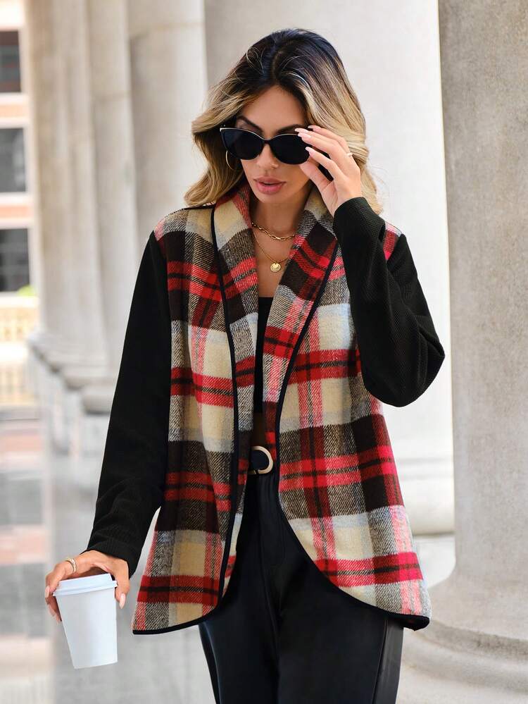 Plaid Print Open Front Coat Fall Cloth For Women