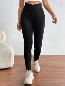 SHEIN Essnce Solid High Waist Leggings - Black - View 5