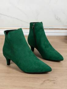 Women's Minimalist Pointed Toe Block Heel Short Boots With Side Zipper, Green, Autumn/Winter,Boots For Women,Kitten Heels