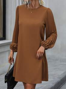 SHEIN Clasi Solid Pleated Lantern Sleeve Tunic Dress,Ladies Casual Pleated Long Sleeve Round Neck Regular Fit Short Brown Bishop Sleeve Plain Tunic Women Short Dresses,Spring/Fall,Casual Daily Wear