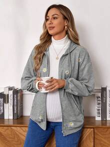 SHEIN Maternity Zip Up Floral Embroidery Drawstring Sweatshirt - Light Grey - View 4