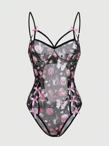 ROMWE Kawaii Cartoon Print Harness Mesh Teddy Bodysuit - Black - View 1