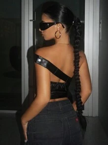 SHEIN ICON Bikercore One Shoulder Zip Up PU Leather Crop Top - Black - View 2