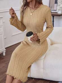 SHEIN Unity Không lưng Ren Mộc nhĩ Đầm Áo len - Màu Khaki - Xem 7