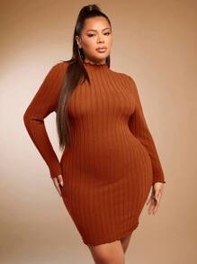SHEIN SXY Plus Mock Neck Lettuce Trim Bodycon Dress - Rust Brown - View 1