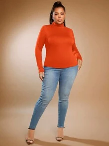 SHEIN SXY Plus Mock Neck Solid Tee - Orange - View 3