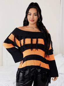 Calvaya Plus Striped Pattern Foldover Off Shoulder Fringe Trim Sweater Knit Pullover Fall Winter Sweater - Orange - View 3