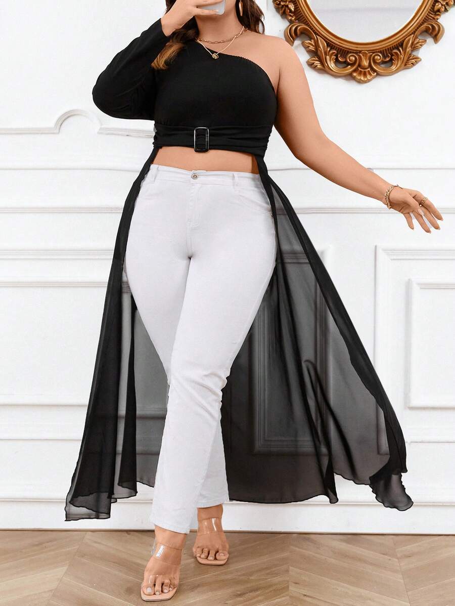 Celure Plus One Shoulder Lettuce Trim Asymmetrical Hem Top - Black - View 1