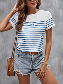 SHEIN LUNE Camiseta con estampado de rayas - Azul - Ver 5