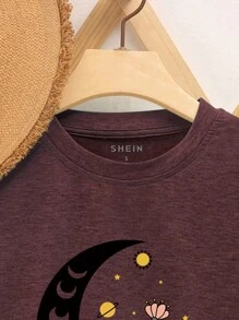 INAWLY 月亮&印花T恤 - 紫紅色 - 查看 5