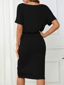 SHEIN Clasi 素色蝙蝠袖高衩繫腰帶洋裝