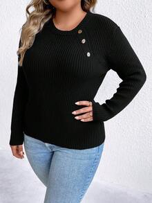 SHEIN Unity Hơn Chi tiết Nút Đồ đan Ribbed Áo len - màu đen - Xem 4