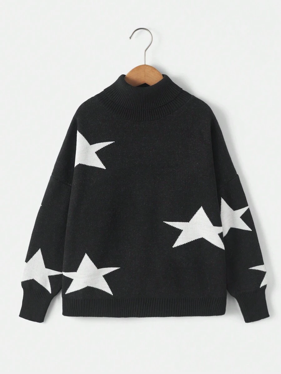 RueChic Teen Girl Star Pattern Mock Neck Drop Shoulder Sweater - Black - View 1