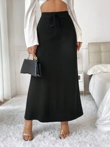 SHEIN Essnce Women's High Waisted Elastic Waist Long Skirt - Black - View 5