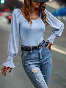 Swiss Dot Flare Sleeve Rib-knit Top