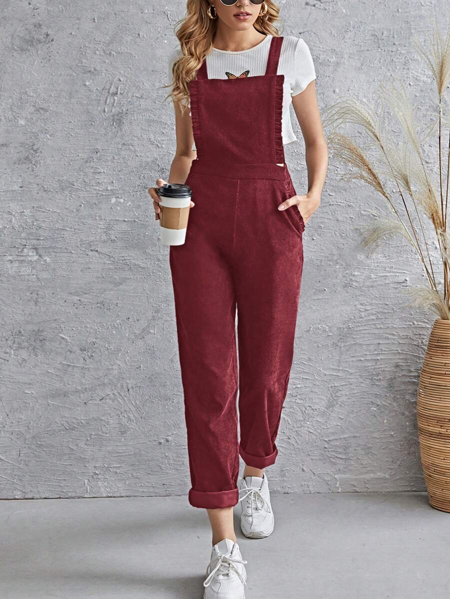 SHEIN LUNE Solid Slant Pocket Overall Jumpsuit Without Tee - Burgundy - View 1