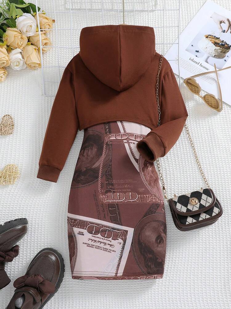 Young Girl Dollar Print Cami Dress & Super Crop Hoodie
