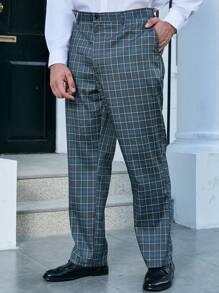 Manfinity Mode 男士大码格紋印花斜口袋西裝褲 - 灰色 - 查看 5