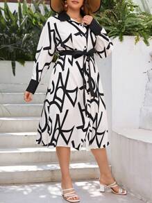 SHEIN Franclia Hơn In Toàn bộ Thắt lưng Váy sơ mi - Màu be - Xem 5