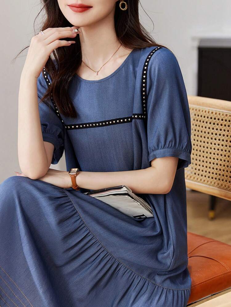 Vestido smock de rayas bajo con fruncido - Azul - Ver 6