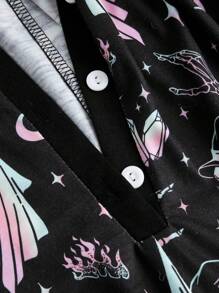 ROMWE Goth Moon & Star Print Half Button Romper - Multicolor - View 4