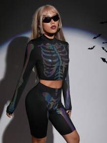 SHEIN ICON Halloween Reflective Skeleton Print Top & Biker Shorts, Neon Glow Party Outfit - Black - View 7