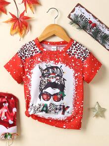 SHEIN Cô Gái Trẻ Đồ họa Hình & Chữ cái Áo thun Đối với Giáng sinh - Đỏ - Xem 6