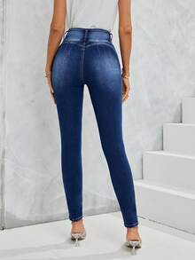 SHEIN LUNE Zipper Fly Skinny Jeans - Medium Wash - View 2