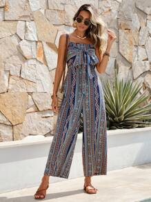 SHEIN VCAY 幾何印花前打結吊帶連體褲