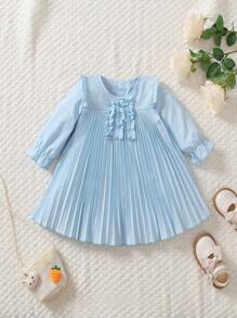 Baby Girls Ruffle Trim Pleated Dresses - Blue - View 1