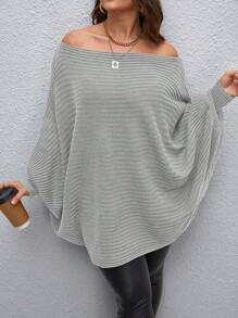 Calvaya Plus Off Shoulder Batwing Sleeve Ribbed Knit Poncho - Light Grey - View 1