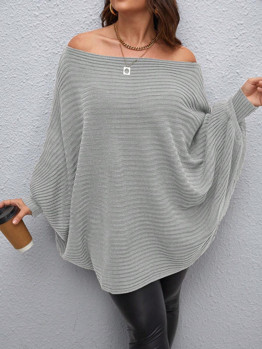 Calvaya Plus Off Shoulder Batwing Sleeve Ribbed Knit Poncho - Light Grey - View 1